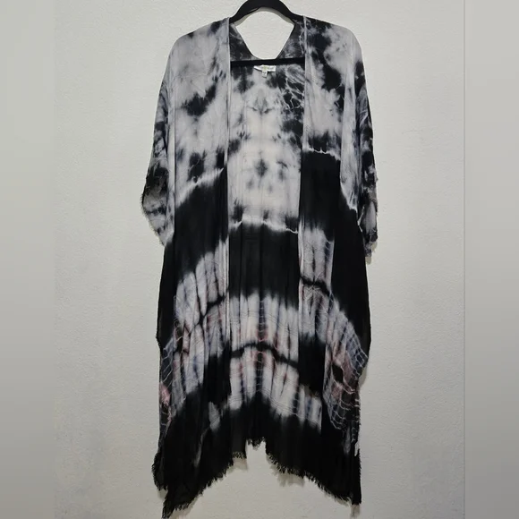 WOVEN HEART Black White Tie-Dye Kimono Beach Cover Up Raw Hem One Size - Picture 4 of 14